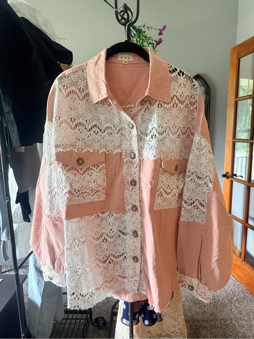 POL Pink Lightweight Oversized Button-Up Lace Jacket